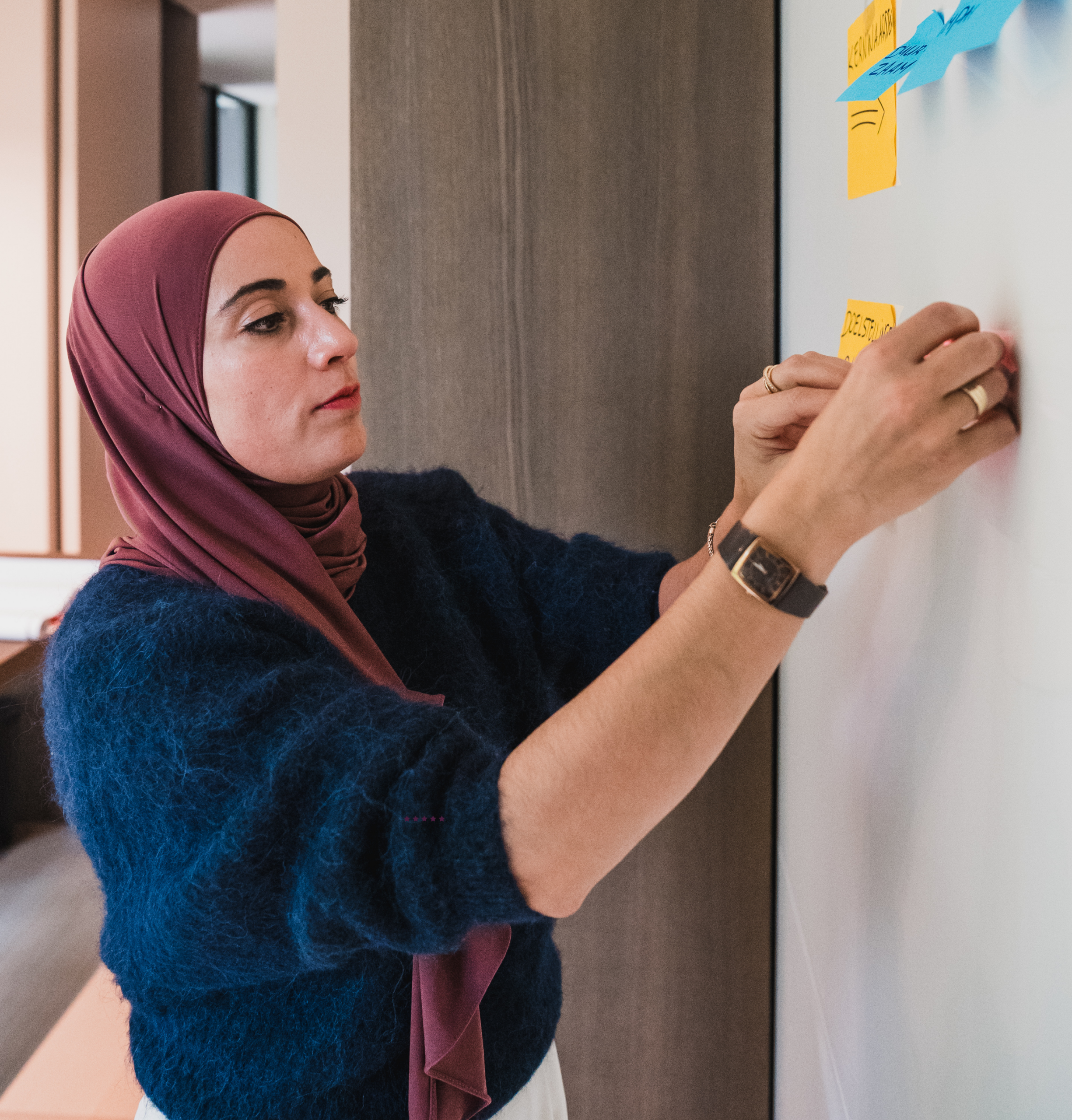 Aanpak LeadInspire: coach werkt met post-its op een whiteboard om concrete acties en strategieën te bepalen