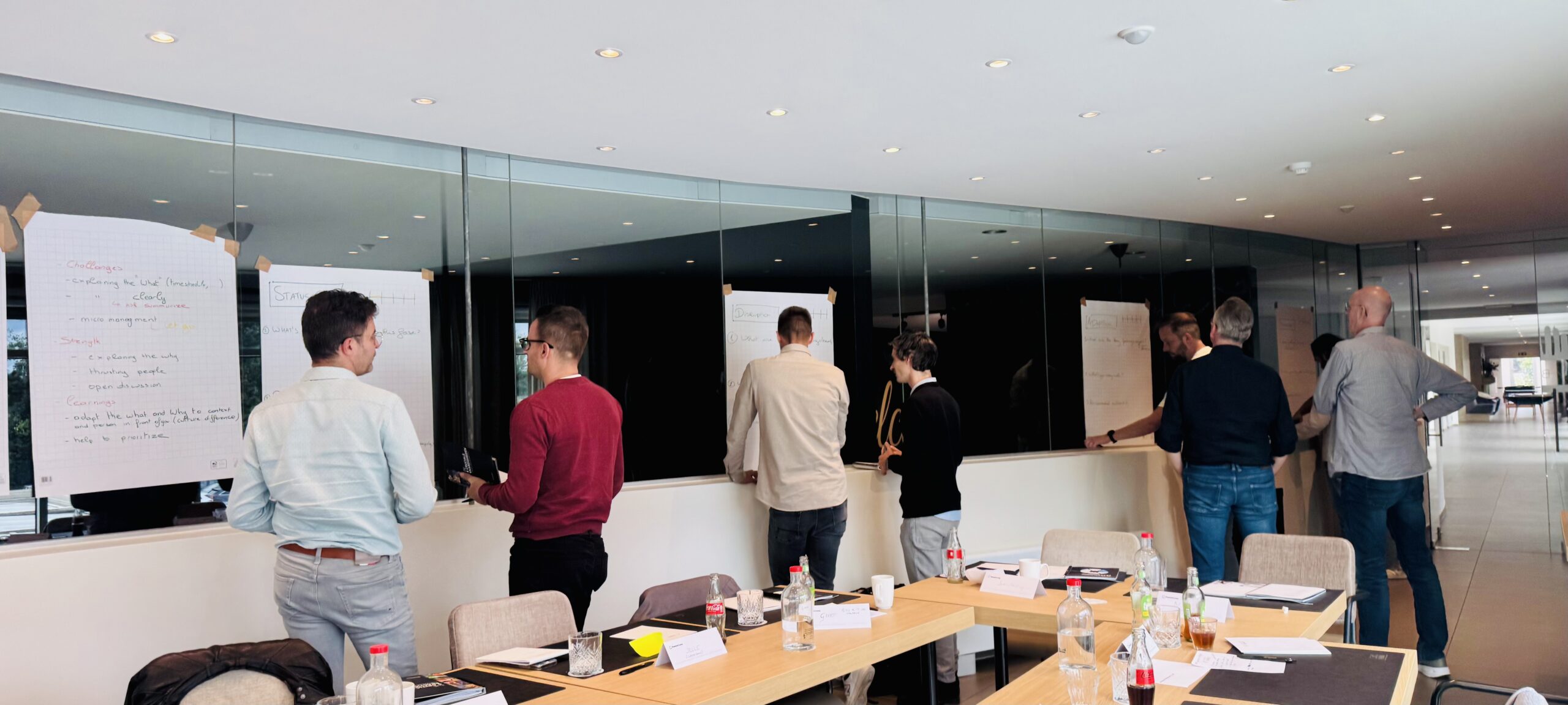 Teams werken samen aan teamontwikkeling en samenwerking tijdens een begeleide sessie — Lead & Inspire